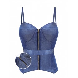 Blue  Spaghetti Strap Zipper Top With Belt