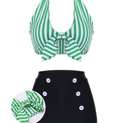 Green   Halter Stripes Bikini Set