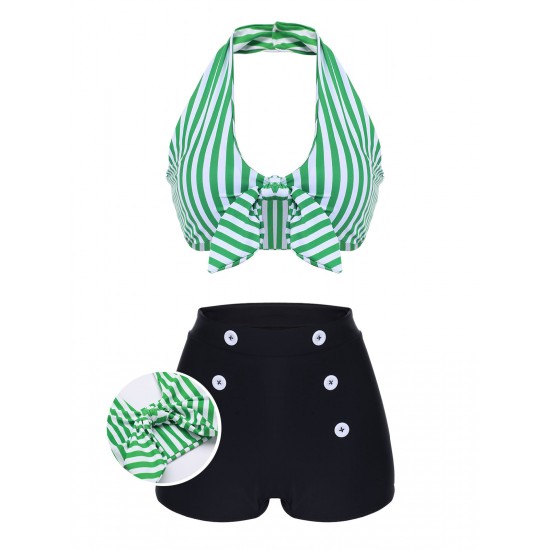 Green   Halter Stripes Bikini Set