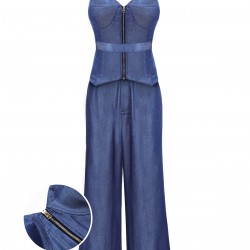 Blue  Spaghetti Strap Top & High Waist Wide Leg Pants