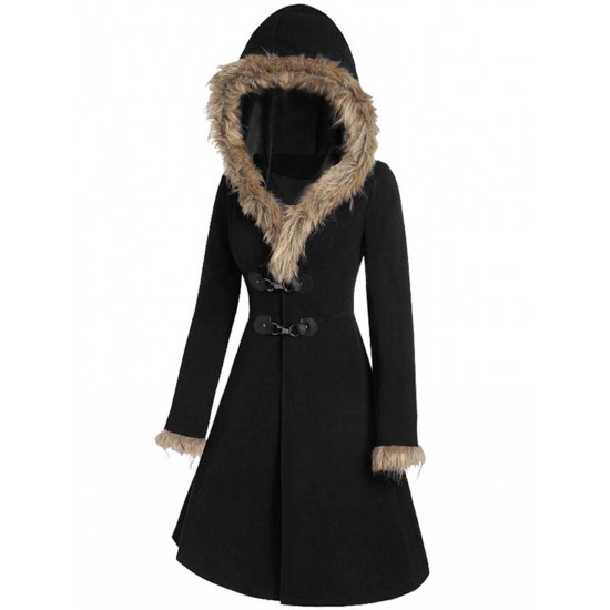  Solid Buckle Fur Trimmed Coat