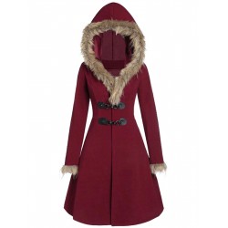  Solid Buckle Fur Trimmed Coat