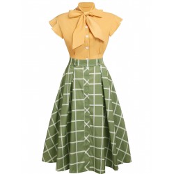 2PCS  Bow Plaid Blouse & Skirt