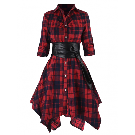 Pre-Sale Plus Size  3/4 Sleeve Plaid Belt Long Tops