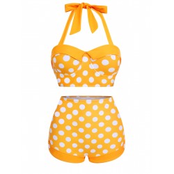 Yellow  Polka Dots Halter Bikini Set