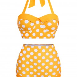 Yellow  Polka Dots Halter Bikini Set