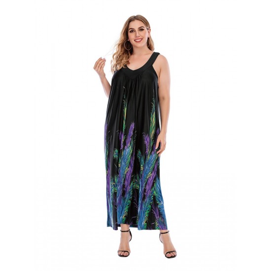 Plus Size  Bohemian Feather Print Shift Dress