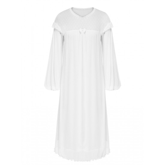 White  Solid Lantern Sleeve Nightgown