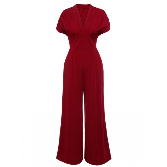 Wine Red  V-neck Solid Wrap Jumpsuit