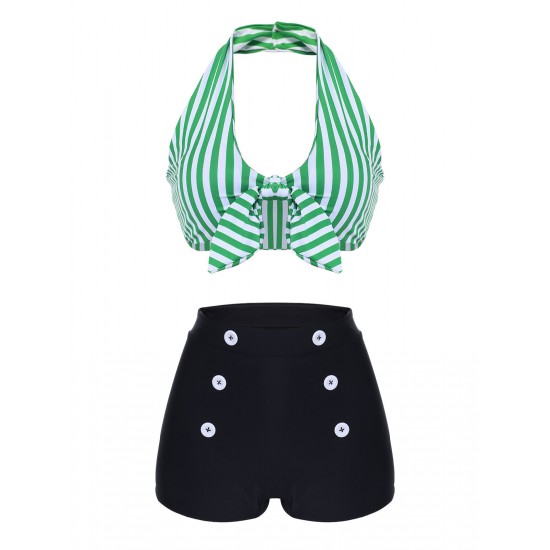 Green   Halter Stripes Bikini Set