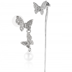 Butterfly Diamond Pearl Asymmetric Earrings