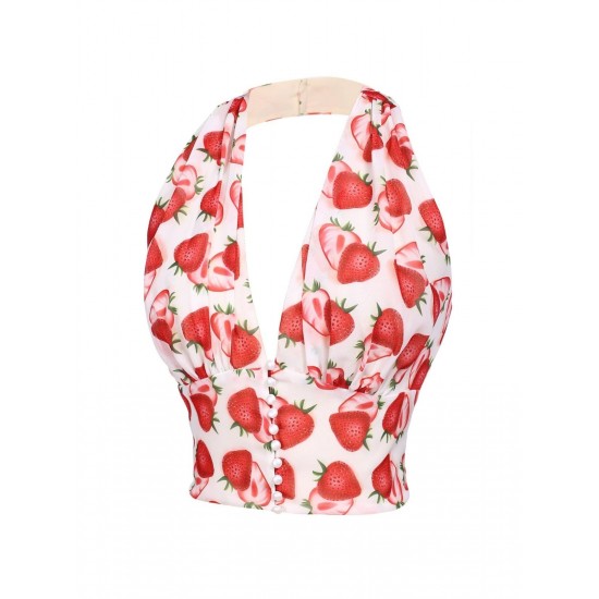 Red  Halter Strawberry Button Tops