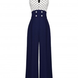  Polka Dot Patchwork Button Jumpsuit