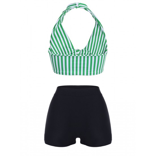 Green   Halter Stripes Bikini Set