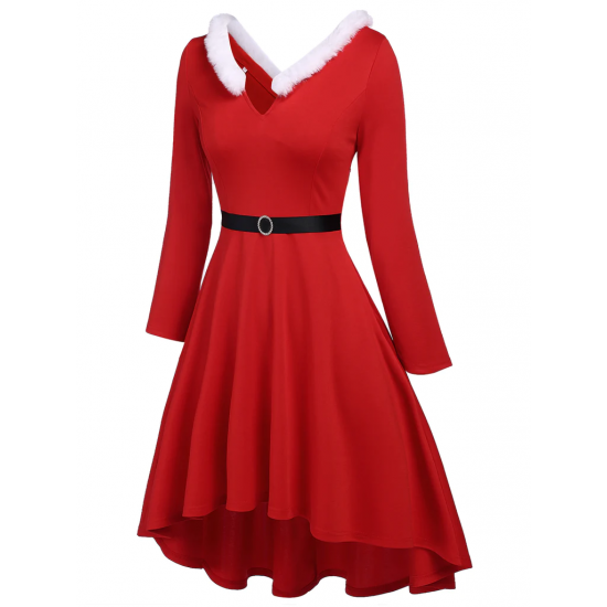 Pre-Sale Plus Size Red  Furry Solid Swing Dress