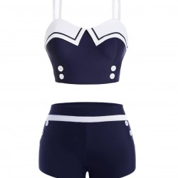 Navy Blue  Spaghetti Buttons Swimsuit