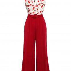 Red  Cherry Belted Halter Jumpsuit