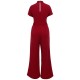 Wine Red  V-neck Solid Wrap Jumpsuit