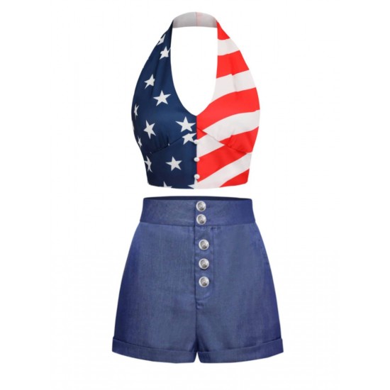 2PCS  Patchwork Flag Tops & Denim Blue Shorts