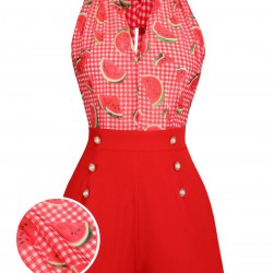 Watermelon Red  Halter Patchwork Romper