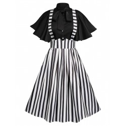 2PCS  Black Solid Blouse & Suspender Skirt