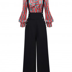 2PCS  Candy Tie-Up Blouse & Black Suspender Pants