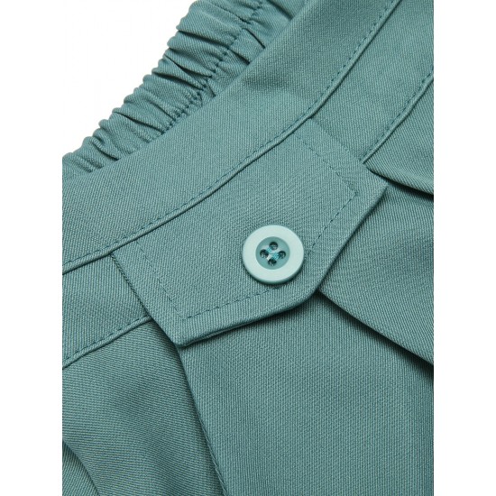 Mint Green  Solid Pleating Decorative Pocket Shorts