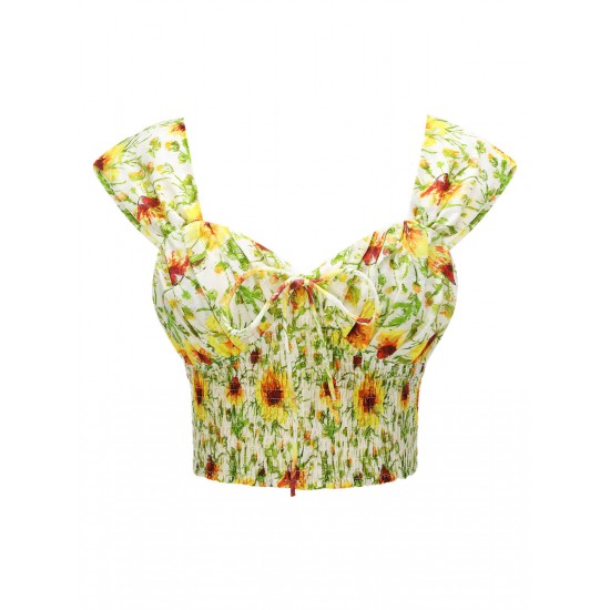 Yellow Sunflower Sweetheart Collar Crop Top