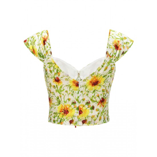 Yellow Sunflower Sweetheart Collar Crop Top