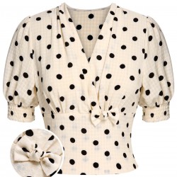 Beige  Dots Bowknot V-Neck Blouse