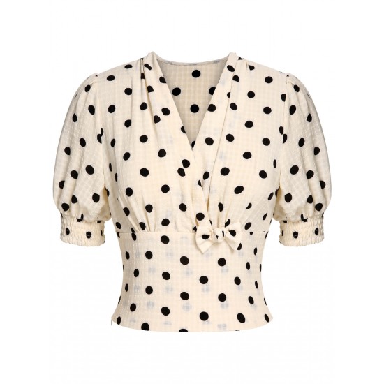 Beige  Dots Bowknot V-Neck Blouse