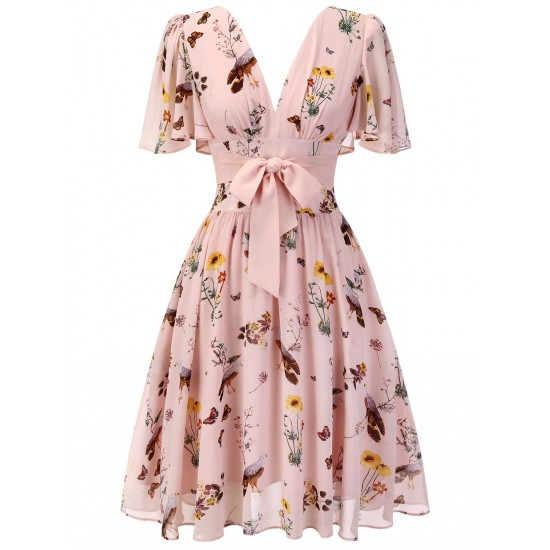 Pink Flowers And Birds Bowknot V-Neck Dress