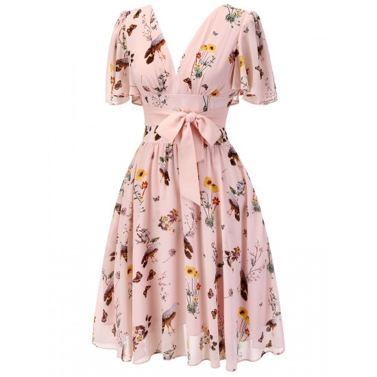 Pink Flowers And Birds Bowknot V-Neck Dress