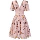 Pink Flowers And Birds Bowknot V-Neck Dress