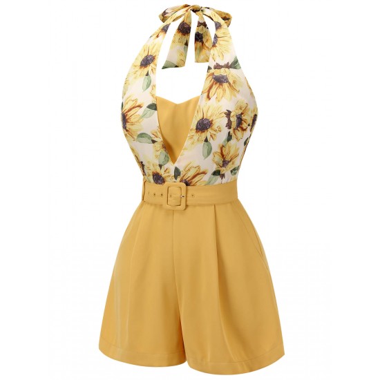 Yellow  Sunflower Halter Romper