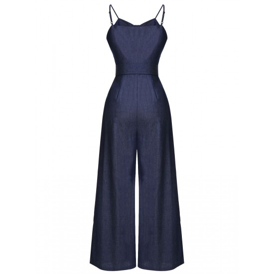 Navy Blue  Cowboy Solid Strap Jumpsuit