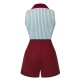 2PCS  Blue Stripes Patchwork Blouse & Red Solid Shorts