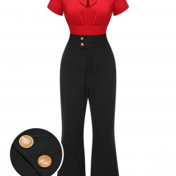 2PCS  Red Tie-Up Blouse & Black Pants