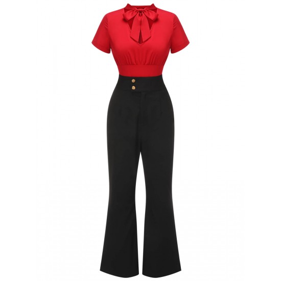 2PCS  Red Tie-Up Blouse & Black Pants