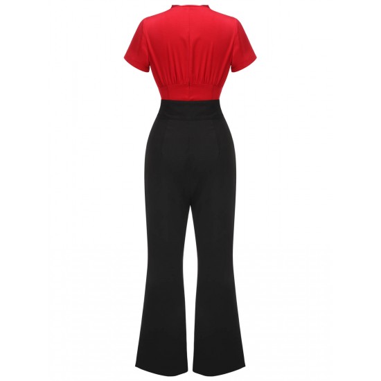 2PCS  Red Tie-Up Blouse & Black Pants