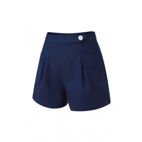 Navy Blue  Solid Button Shorts