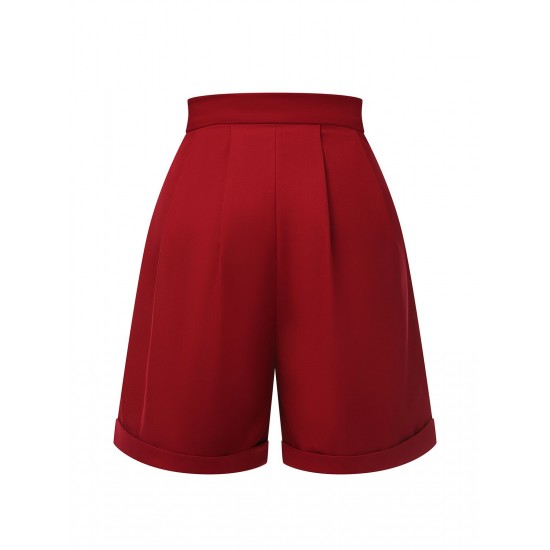 Red  Pleated Turn Over Shorts