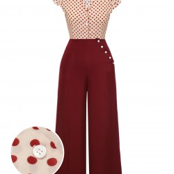 2PCS  Red Polka Dot Blouse & Burgundy Pants