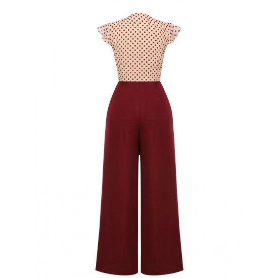 2PCS  Red Polka Dot Blouse & Burgundy Pants