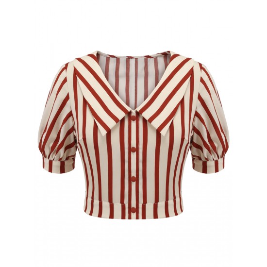 2PCS Orange Red  Striped Blouse & Pleated Skirt