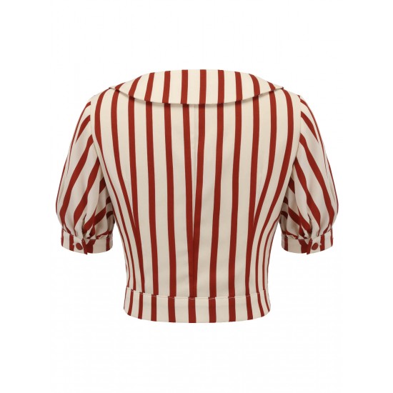 2PCS Orange Red  Striped Blouse & Pleated Skirt