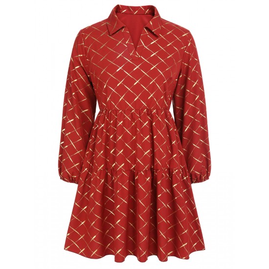 Plus Size Red  Lapel Plaid Dress