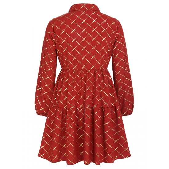 Plus Size Red  Lapel Plaid Dress