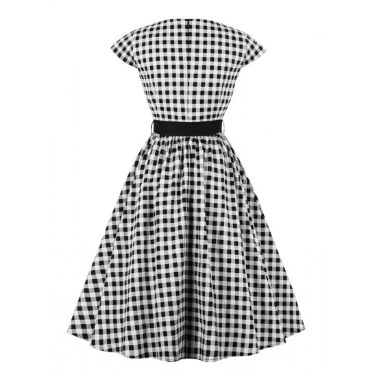 Plus Size Black  Gingham Plaid Belted Swing Dress