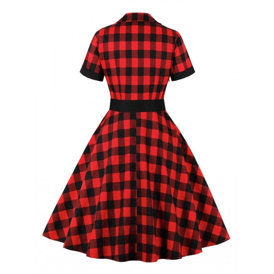 Plus Size Red & Black  Plaid Lapel Dress With Belt